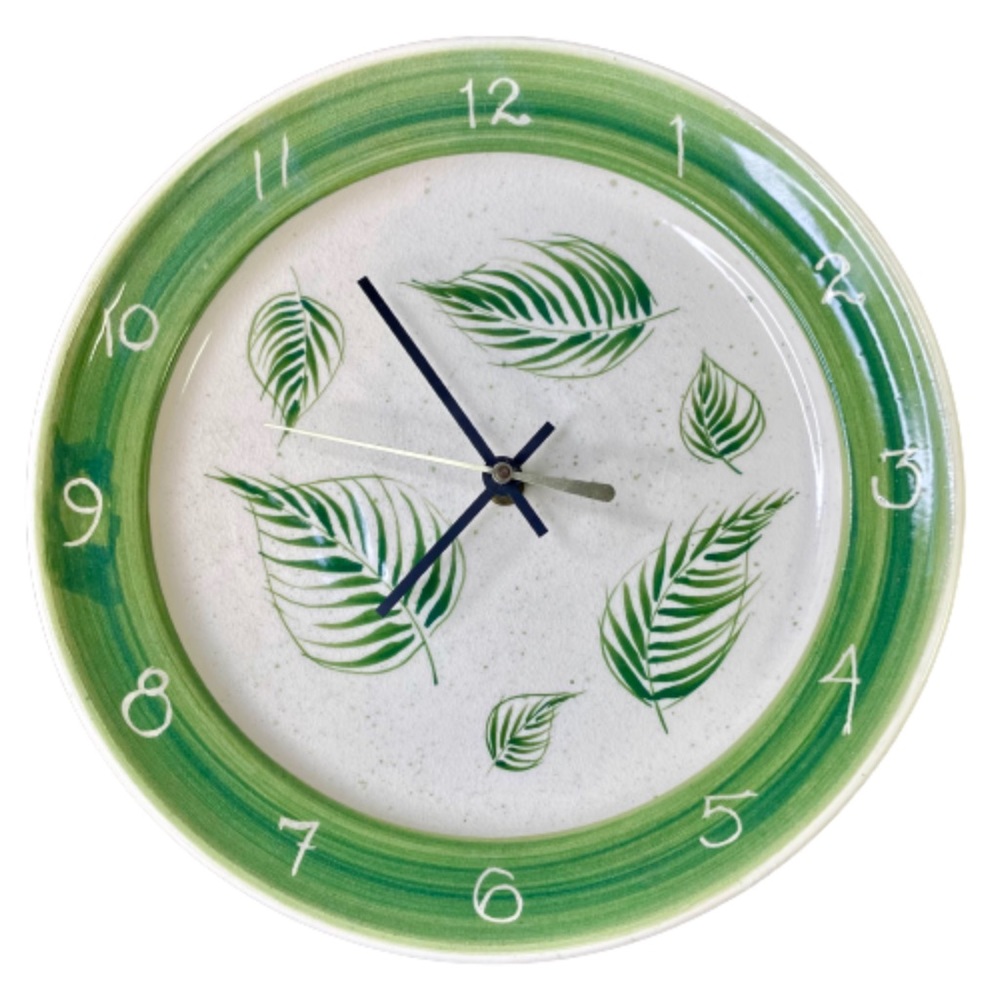 Handmade Pottery Analog Clock 10" Green Leaves Maker's Mark Hanging